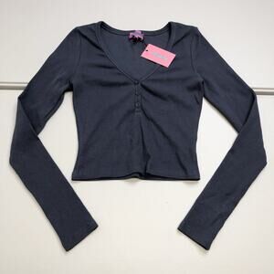 Edikted Women’s Blue Ribbed Long Sleeve Crop Top V-neck Button Front Accent S